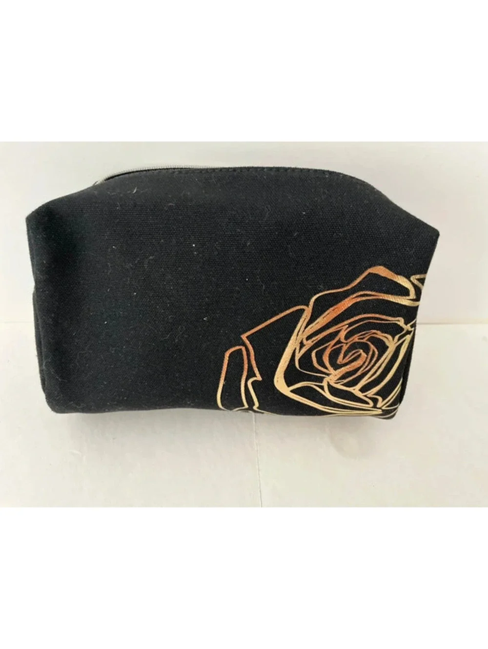 Lancôme Paris Black Canvas Cosmetic makeup Bag purse storage Gold Rose Print